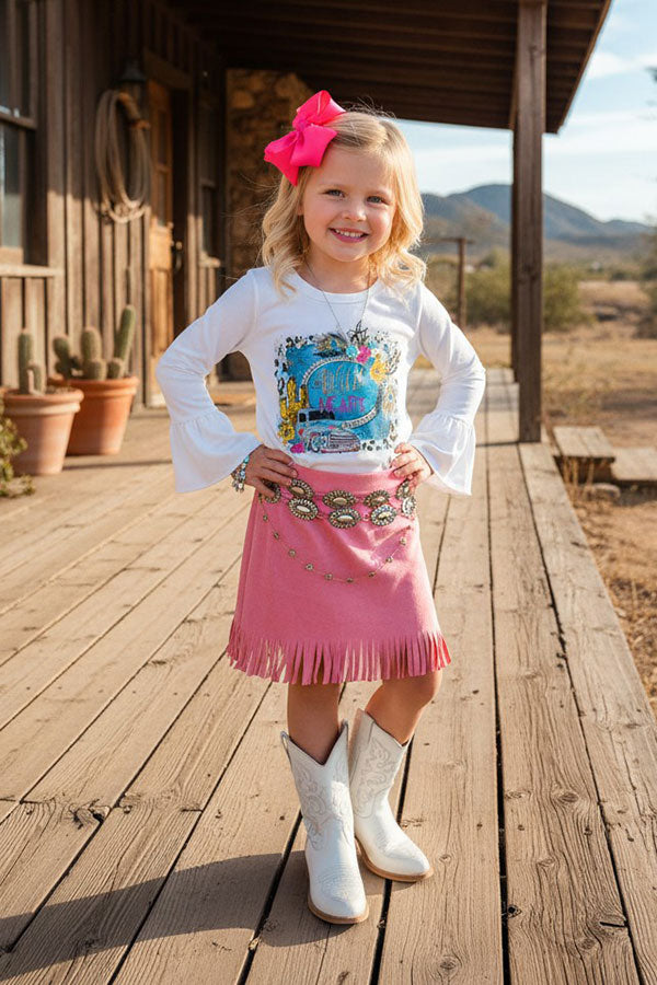 Trendy pink faux suede rhinestone fringe girls boutique skirt DLH2734