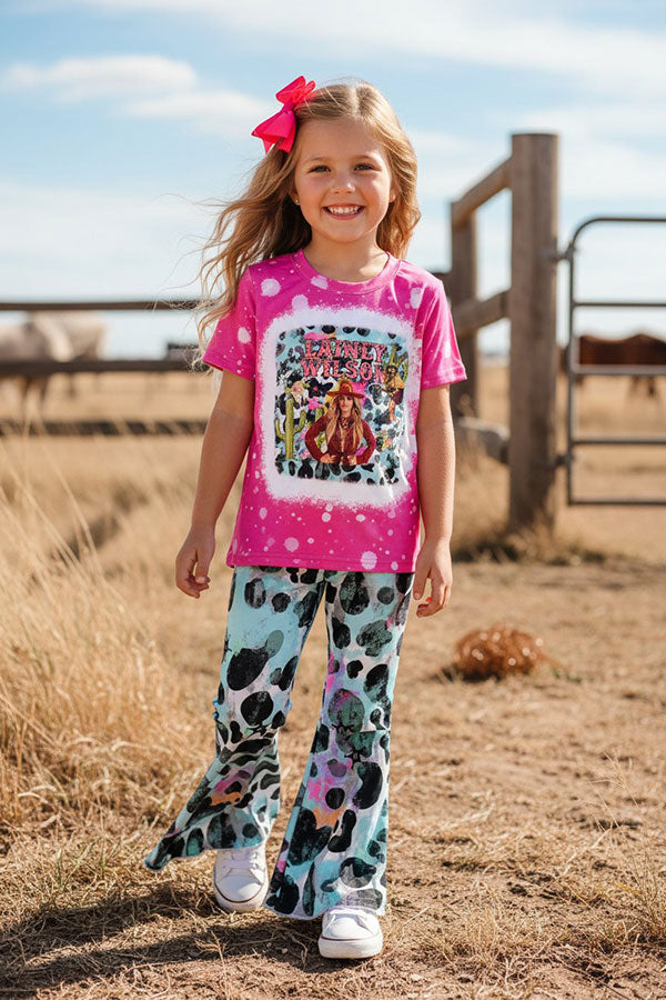 Western leopard print top bell bottom girls boutique set DLH2735