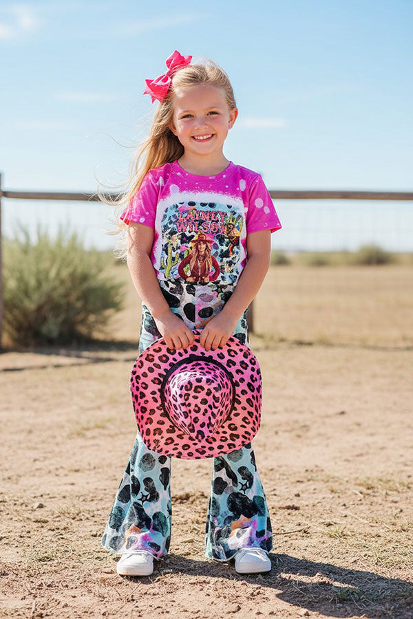 Western leopard print top bell bottom girls boutique set DLH2735