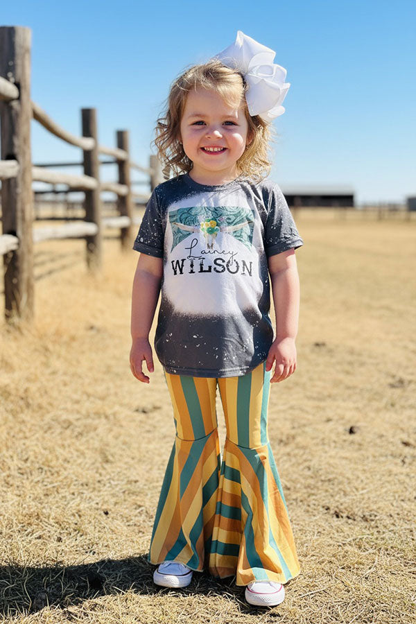 Western bull grey top striped bell bottom girls boutique set DLH2737