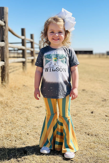 Western bull grey top striped bell bottom girls boutique set DLH2737