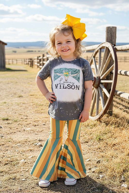 Western bull grey top striped bell bottom girls boutique set DLH2737