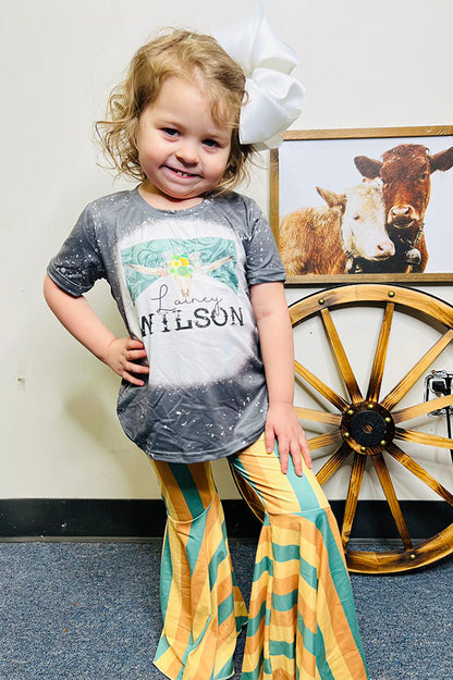 Western bull grey top striped bell bottom girls boutique set DLH2737