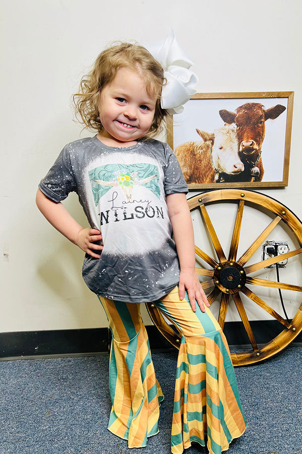 Western bull grey top striped bell bottom girls boutique set DLH2737