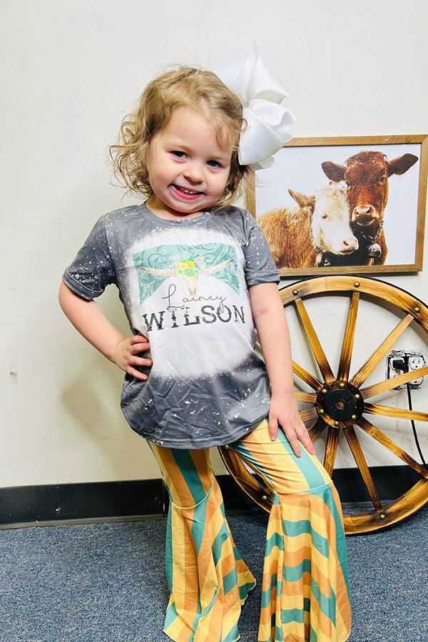 Western bull grey top striped bell bottom girls boutique set DLH2737