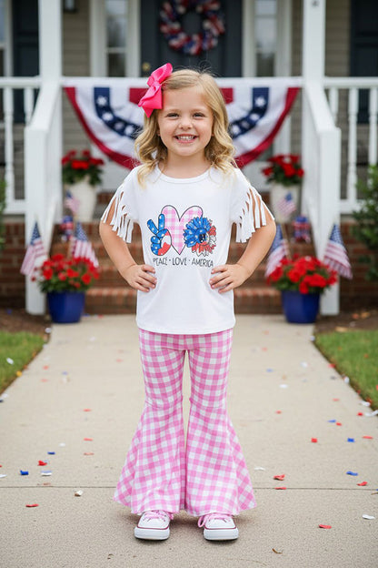 4th July PEACE LOVE AMERICA white top & pink plaid pant 2pc sets DLH2740