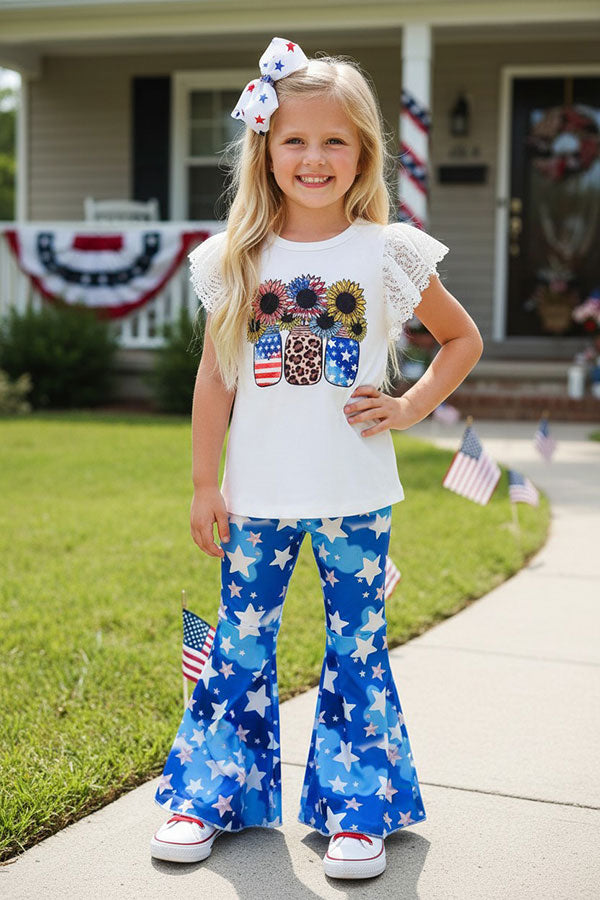 Wholesale 4th July sunflower printed white top blue start print pant girl set DLH2751