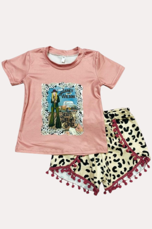 D2760 Pink printed top & leoarpd shorts 2pc girls sets w/pompom