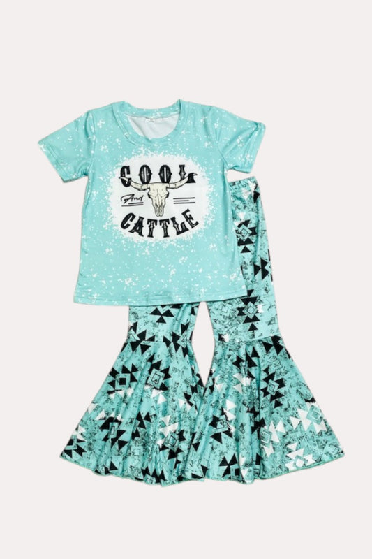 D2761 COOL CATTLE & bull print top aztec bell bottom 2pc girls sets