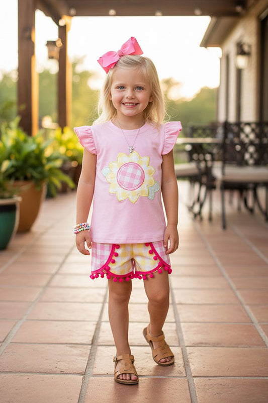 Western sunflower embroidery top & checkered shorts girls boutique sets DLH2768
