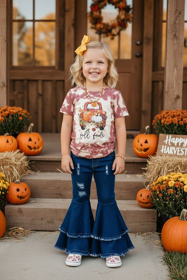 Western FALL FEELS pumpkin tie dye short sleeve girl's boutique top DLH2774