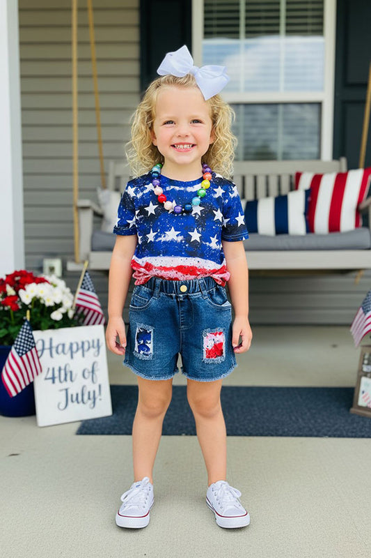 4th of July USA flag short sleeve top & patch denim shorts girls sets DLH2775