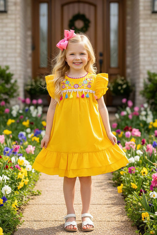 DLH2776 Floral embroidery yellow short sleeve girls dress