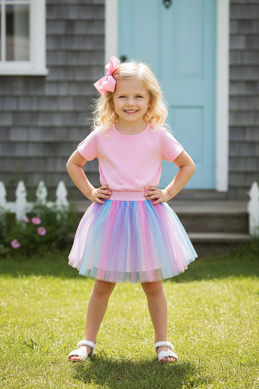 Pink short sleeve top & multi color mesh skirt 2pc girls sets DLH2779