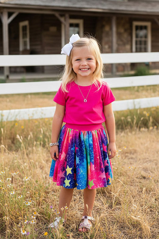 Western pink top colorful stars tulle skirt girls boutique set DLH2780
