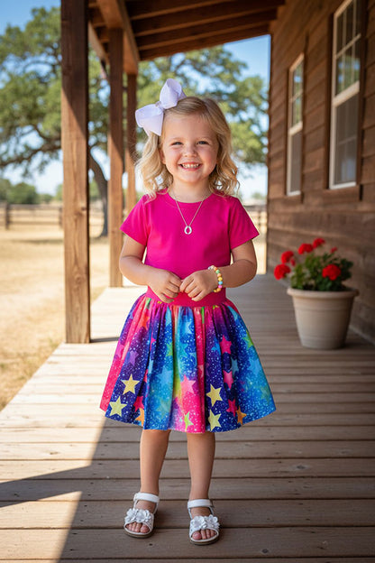 Western pink top colorful stars tulle skirt girls boutique set DLH2780