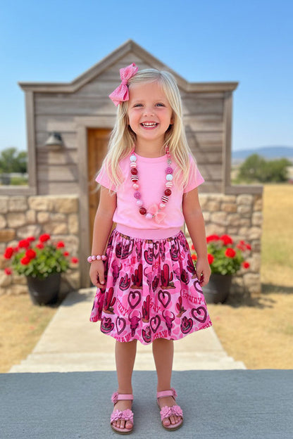 Western pink top & cowgirl mesh skirt girls boutique set DLH2783