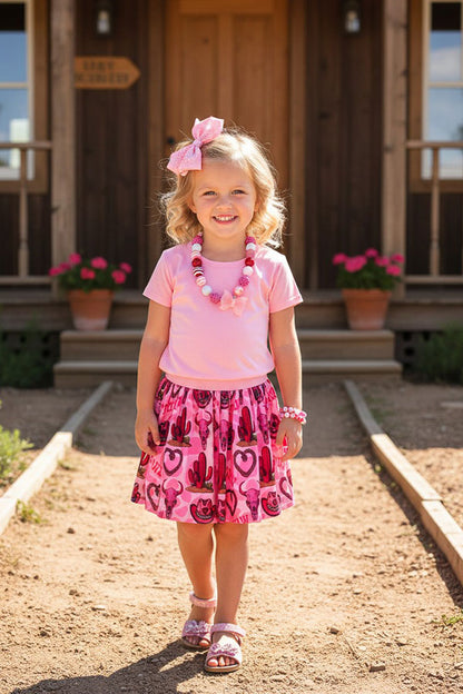 Western pink top & cowgirl mesh skirt girls boutique set DLH2783