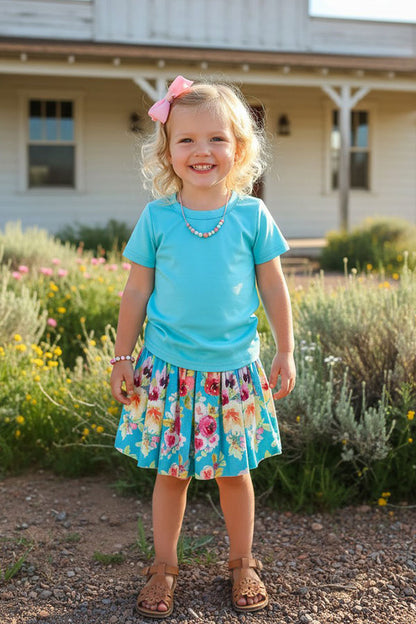 Chic aqua short sleeve top & floral mesh skirt girls boutique set DLH2784