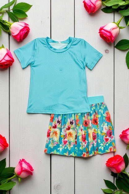 Chic aqua short sleeve top & floral mesh skirt girls boutique set DLH2784