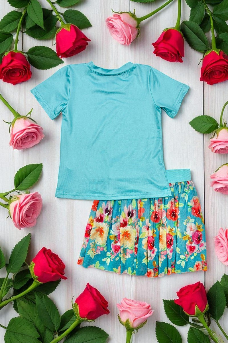 Chic aqua short sleeve top & floral mesh skirt girls boutique set DLH2784