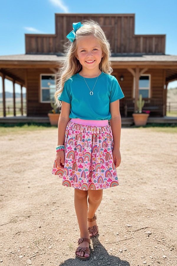 Western turquoise top rainbow mesh skirt girls boutique set DLH2785