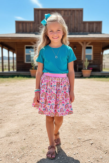 Western turquoise top rainbow mesh skirt girls boutique set DLH2785