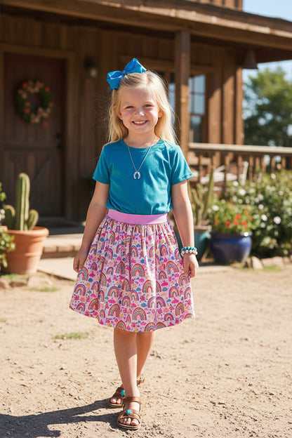 Western turquoise top rainbow mesh skirt girls boutique set DLH2785