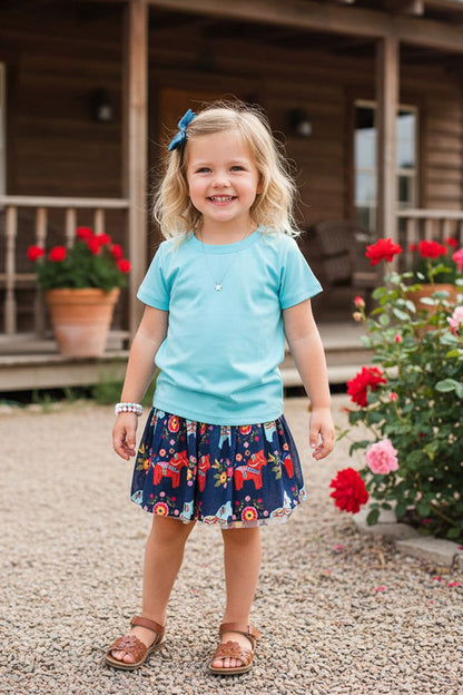 Western aqua top horse navy mesh skirt girls boutique sets DLH2788