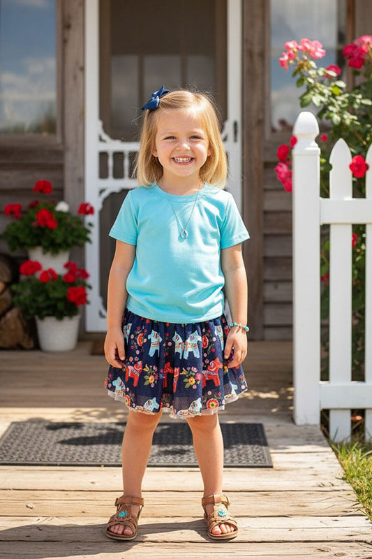 Western aqua top horse navy mesh skirt girls boutique sets DLH2788