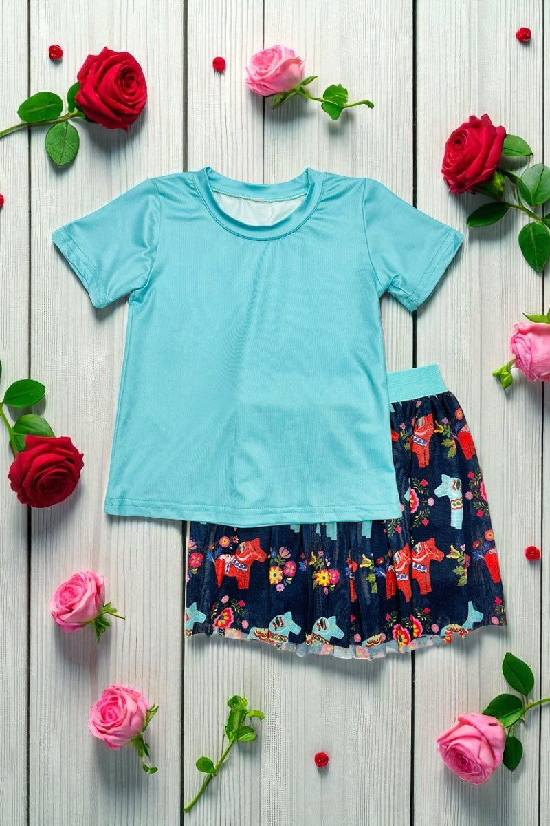 Western aqua top horse navy mesh skirt girls boutique sets DLH2788
