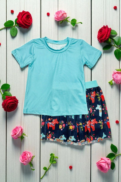 Western aqua top horse navy mesh skirt girls boutique sets DLH2788