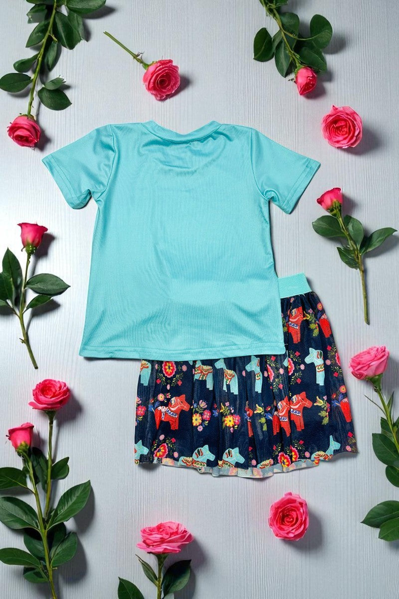 Western aqua top horse navy mesh skirt girls boutique sets DLH2788