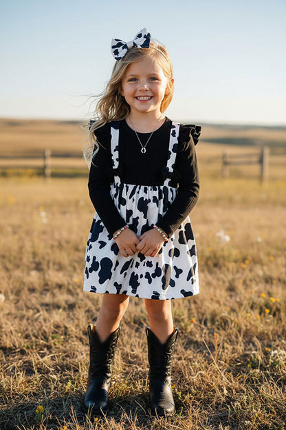 Western cow print black ribbed knitted fabric girls boutique dress DLH2812