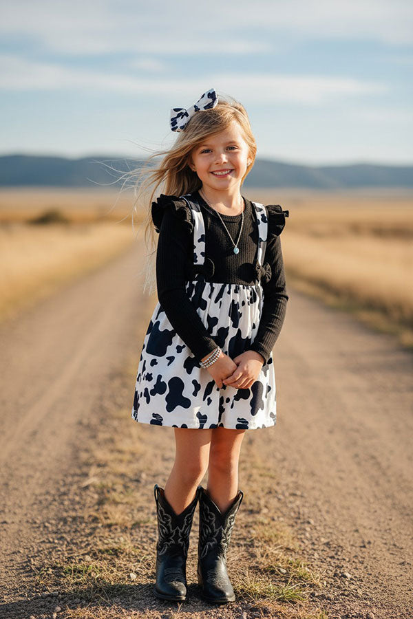 Western cow print black ribbed knitted fabric girls boutique dress DLH2812