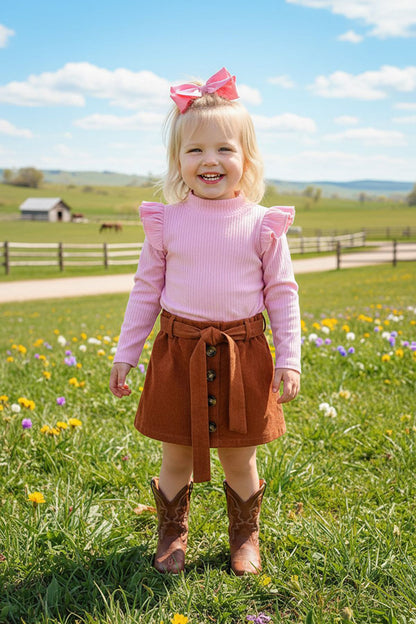 Ribbed knitted fabric long sleeve top brown skirt 2pc girls sets DLH2813