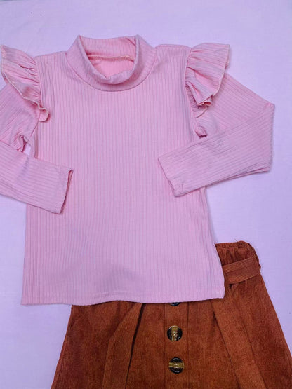 Ribbed knitted fabric long sleeve top brown skirt 2pc girls sets D2813
