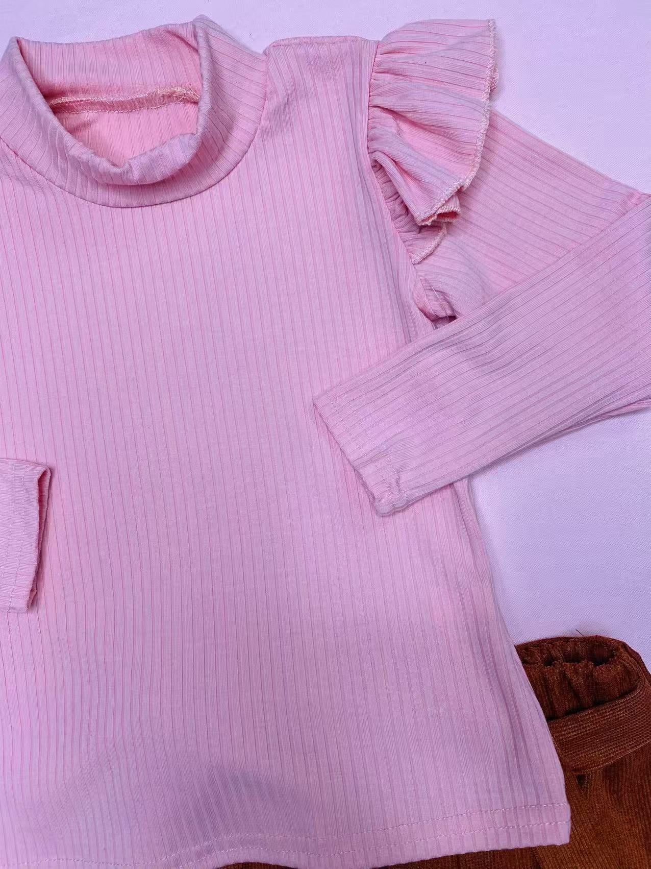 Ribbed knitted fabric long sleeve top brown skirt 2pc girls sets D2813