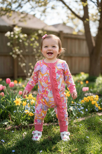 DLH2825 Flora printed long sleeve baby onesie w/ruffles