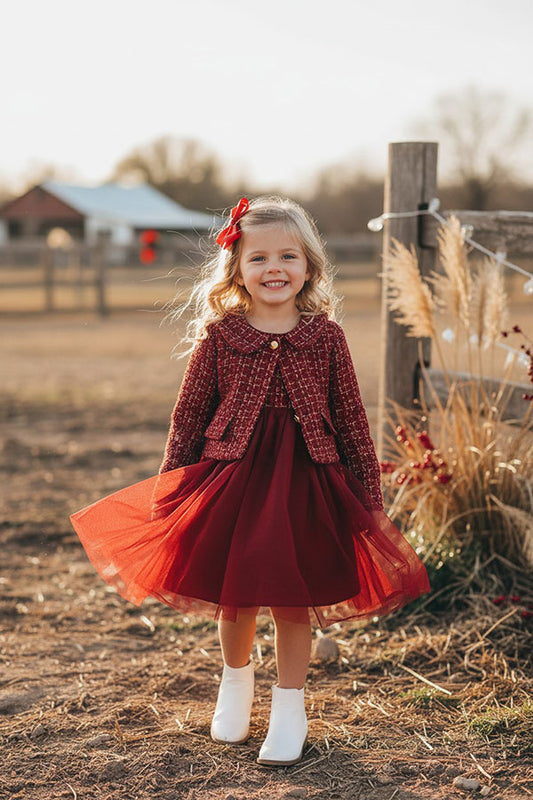 Western Burgundy sparkle coat & tulle dress girls boutique set DLH2826