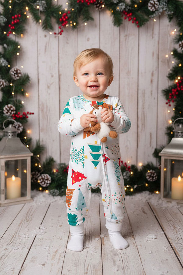 Christmas tree printed long sleeve baby boutique romper w/zippers DLH2838