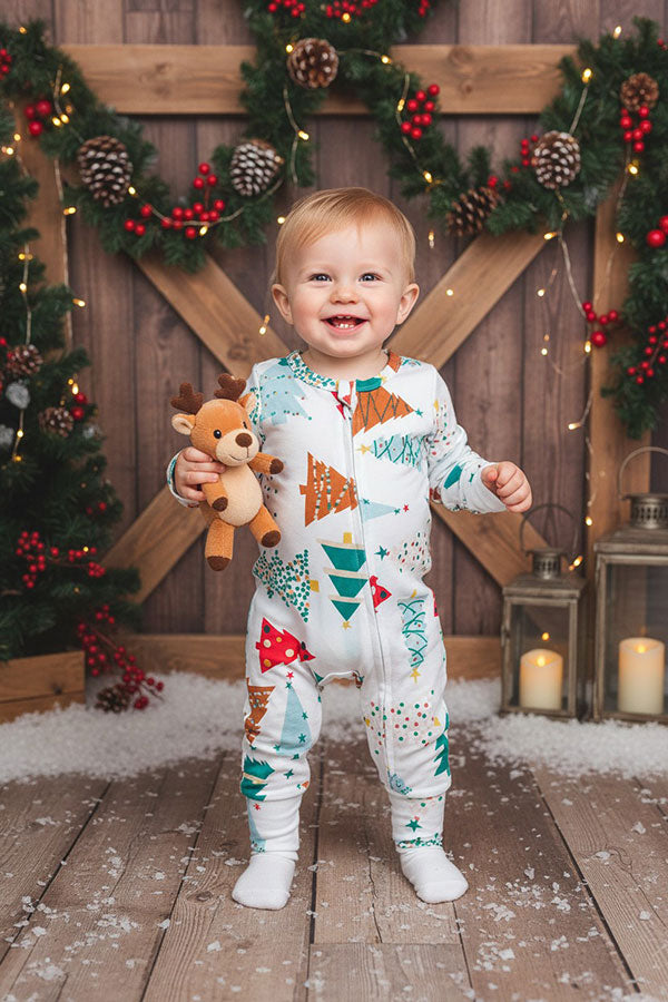 Christmas tree printed long sleeve baby boutique romper w/zippers DLH2838