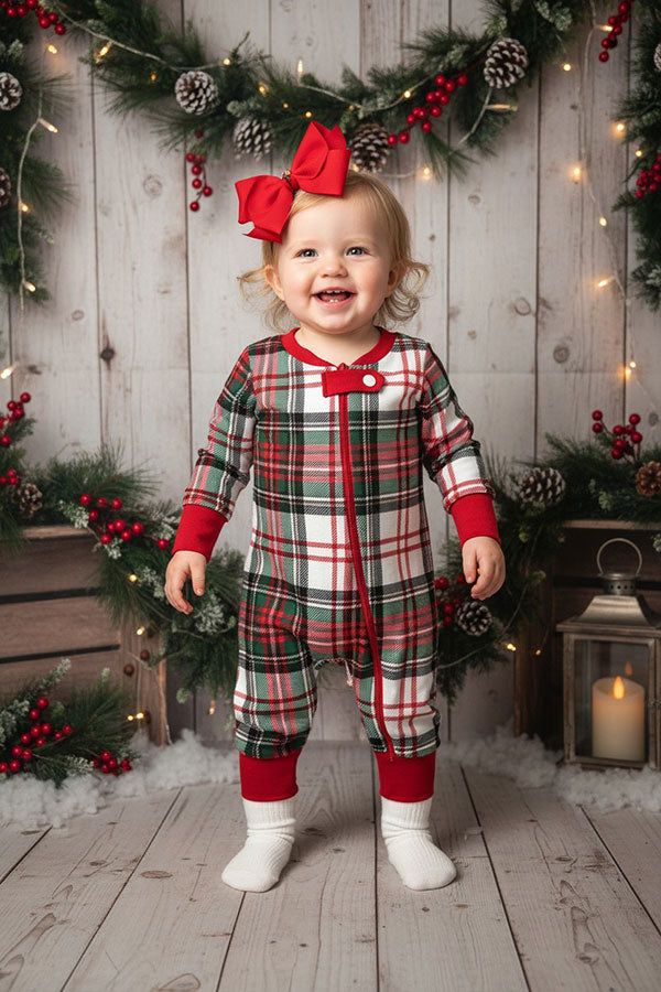 Christmas Red white green plaid long sleeve infant baby boutique romper DLH2839