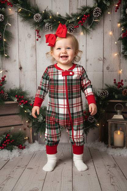 Christmas Red white green plaid long sleeve infant baby boutique romper DLH2839