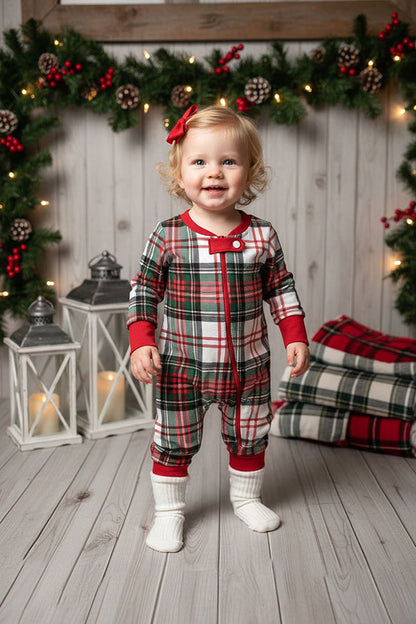 Christmas Red white green plaid long sleeve infant baby boutique romper DLH2839