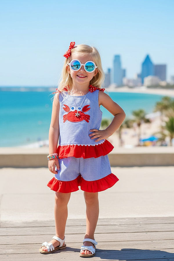 Trendy blue stripe red crab embroidery top & shorts girls boutique set DLH2846