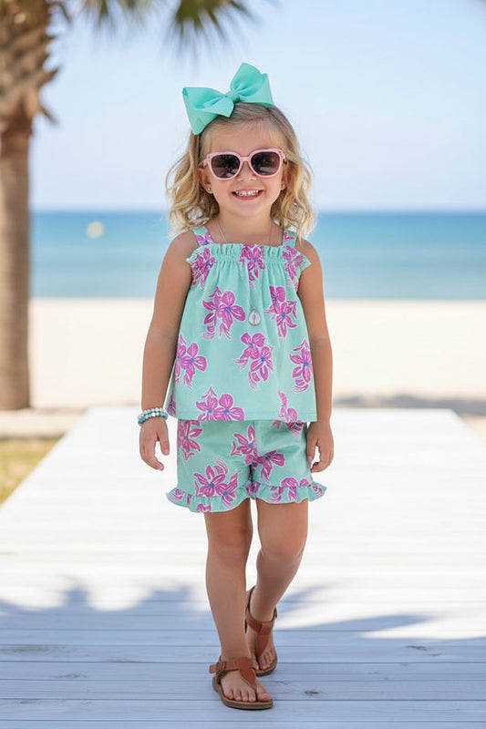Chic Floral prints top & shorts girls boutique sets DLH2857