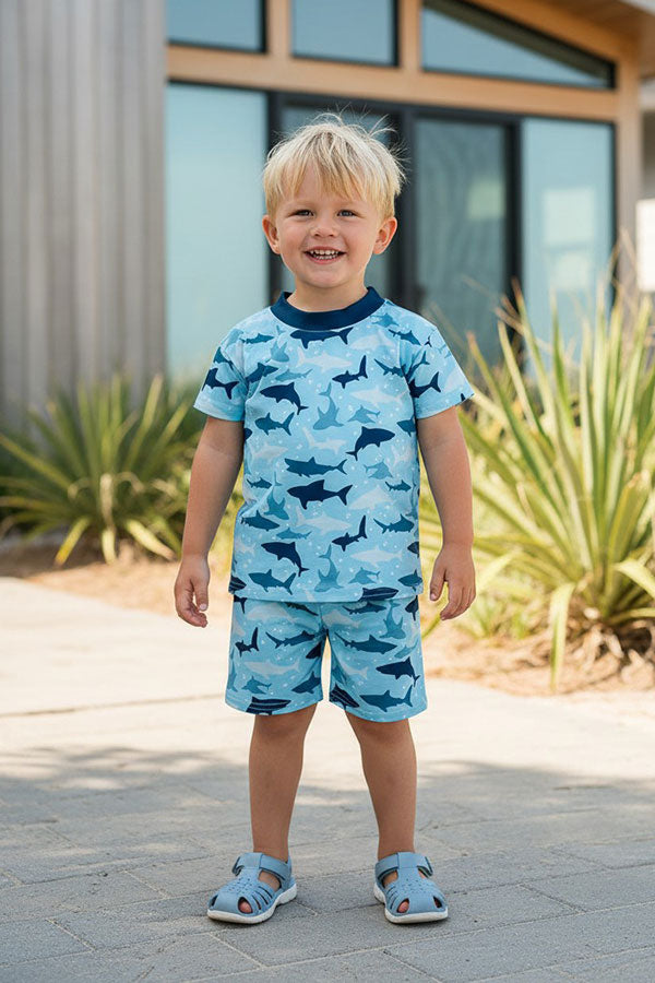 Western shark print top & shorts boy's boutique sets DLH2864