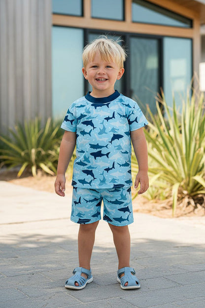 Western shark print top & shorts boy's boutique sets DLH2864