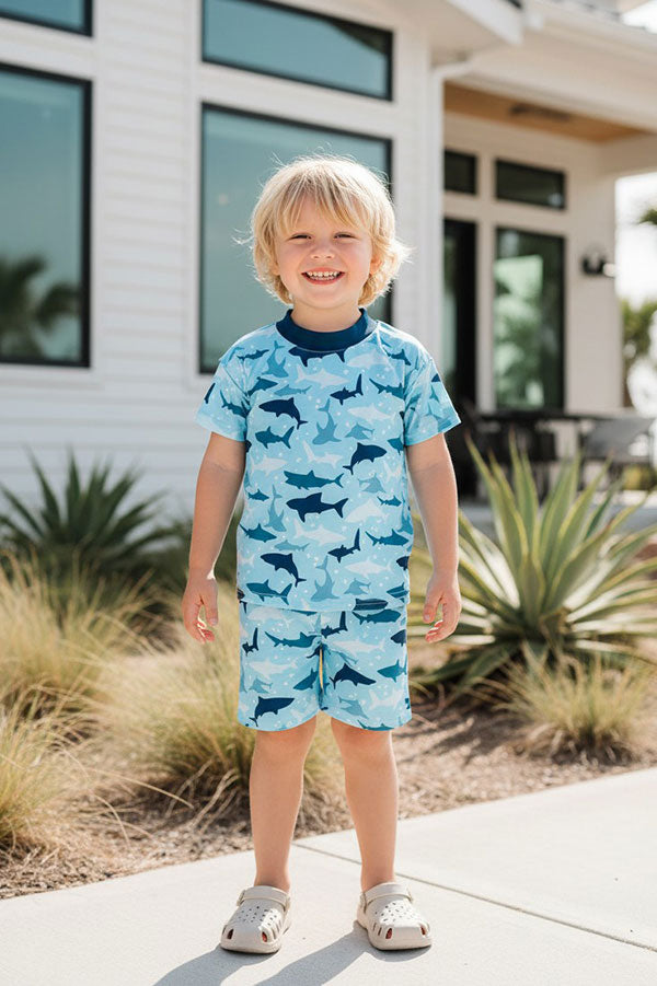 Western shark print top & shorts boy's boutique sets DLH2864